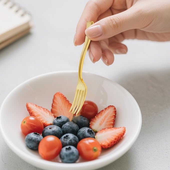 WDF Disposable Plastic Mini Forks 300 Pieces 4 Inches | Gold Plastic Forks | Thanksgiving Heavy Duty Plastic Tasting Forks | Perfect for Small Appetizers and Desserts for Wedding/Party/Birthday