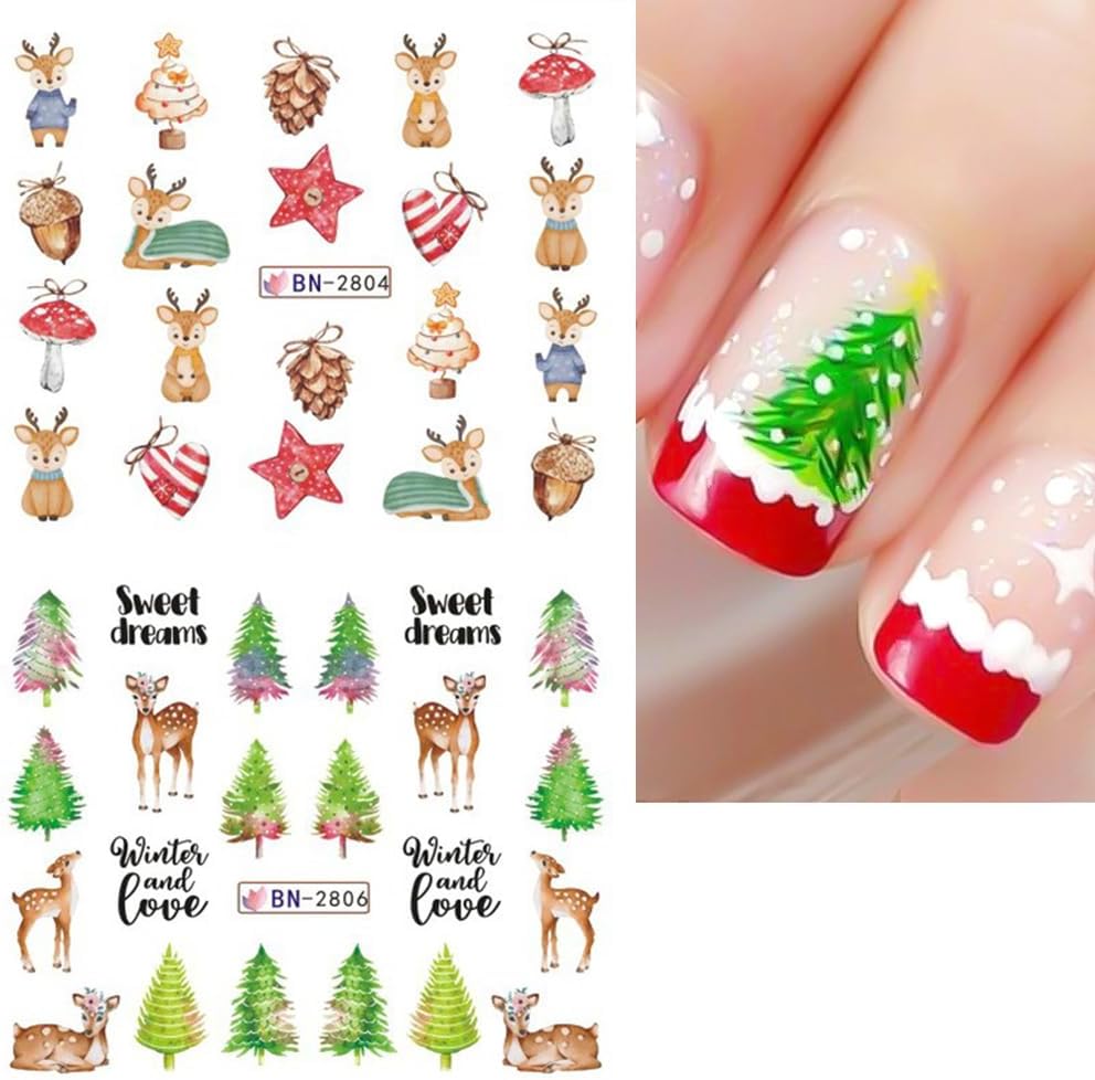 Christmas Nail Art Stickers Decals Snowflake Water Transfer Slider Nail Foils for Christmas Nail Art Supplies Cartoon Santa Claus Elk Gift Polar Bear Winter Design DIY Manicure Tips Stickers for Nails-BrightBean Baby