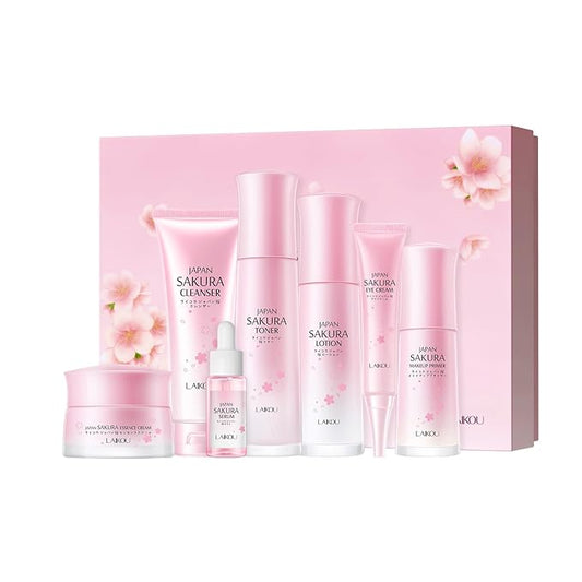 Skin Care Set JAPAN SAKURA Beauty Gift Sets Skin Care Kit with Cleanser, Toner, Lotion, Serum, Eye Cream, Face Cream, Make up Primer Travel Kit for Women Wife Mom 7pcs-BrightBean Baby