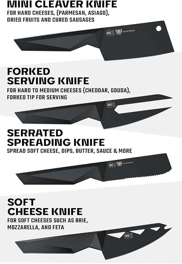 DALSTRONG Cheese Knife Set - 4-Piece - Shadow Black Series - Black Titanium Nitride Coated - High Carbon - 7CR17MOV-X Vacuum Treated Steel Cheese Knives Set - Sheath - Soft Hard Cheese - NSF Certified