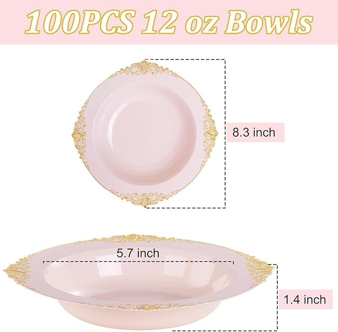 100PCS Pink Plastic Bowls - 12 oz Pink Gold Disposable Salad Bowls - Heavy Duty Disposable Soup Bowl - Fancy Plastic Ice Cream Bowl for Weddings Parties Dinners Picnics