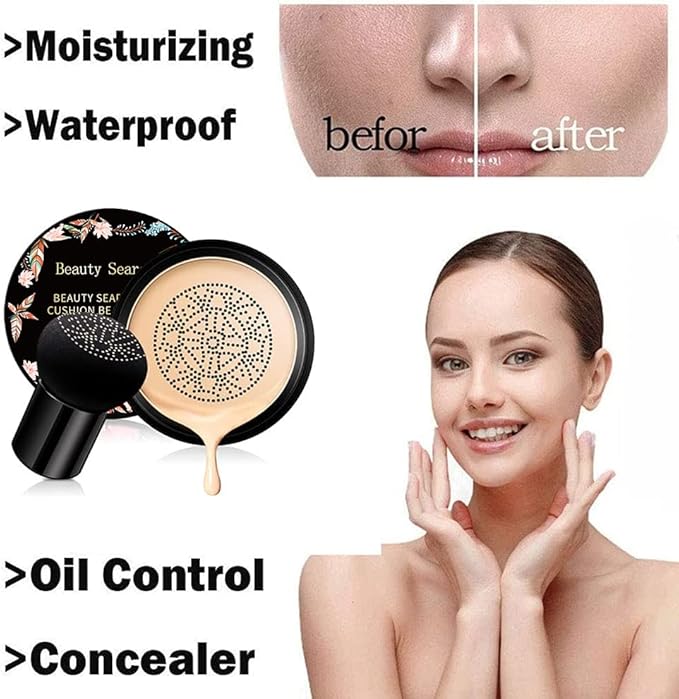Beauty Glazed Mushroom Head Air Cushion CC Cream Foundation Cover Concealer Makeup Moisturizing Brightening Pigment Liquid Foundation, Even Skin Tone Makeup Base BB # 02 Naturel-BrightBean Baby