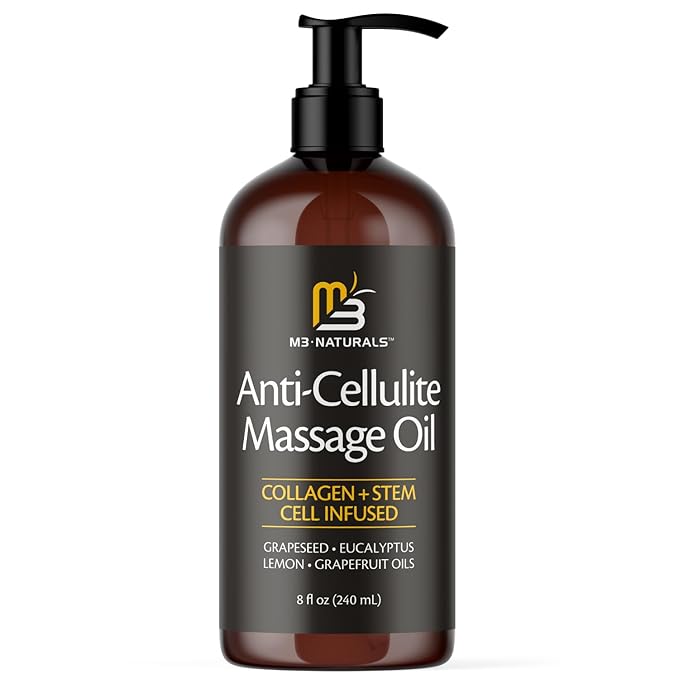 M3 Naturals Anti Cellulite Massage Oil and Silicone Body Brush – Collagen and Stem Cell Skin Tightening Formula for Smoothing and Firming – 8 Fl Oz-BrightBean Baby