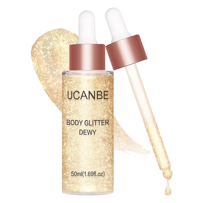 UCANBE Hydrating Body Shimmer Face Glitter Highlighter Makeup Liquid Glow Lotion for Women Holographic Luminizer for Hair for Valentine's Day Gifts (Champagne Gold - 01)-BrightBean Baby
