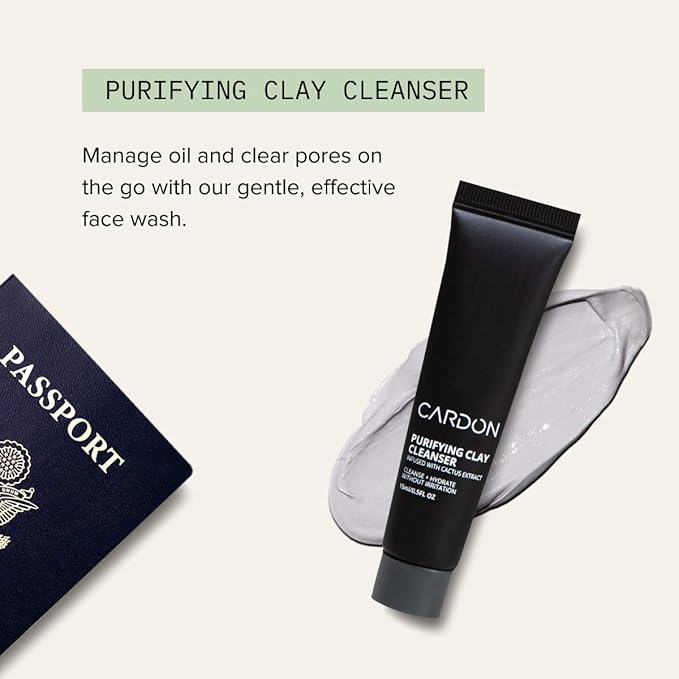 Cardon Jet Set Travel Sized Mens Skin Care Kit, Cactus Based Korean Skin Care Men, Includes SPF Sunscreen Moisturizer, Dark Circle Eye Rescue Cream, Clay Cleanser, 3-in-1 Hydro Gel, Lip Balm- Gift Set-BrightBean Baby