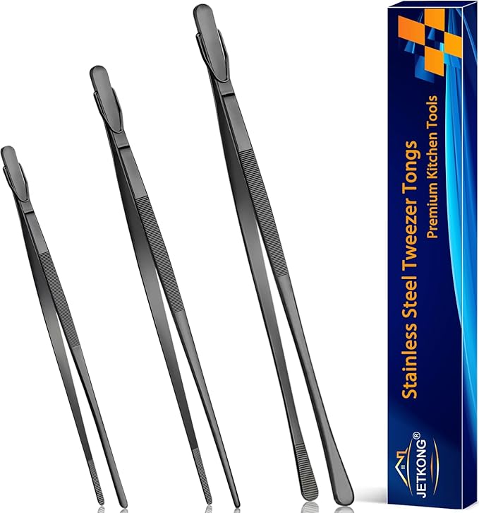JETKONG 3 Pcs Kitchen Tweezers Tongs, Stainless Steel Cooking Tweezers, 8+10+12 Inch Ideal for meat, pasta, plating and pinching delicate small pieces of food (Black)
