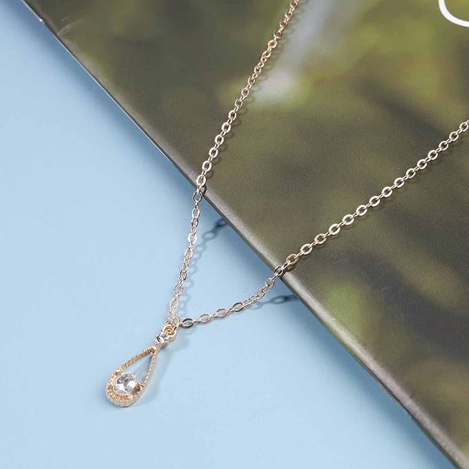 Vintage Tiny Teardrop Crystal Necklace Choker Gold Rhinestone Dot Pendant Necklace Chain Water Drop Choker Necklace Minimalism Necklace Chain Jewelry for Women and Girls-BrightBean Baby