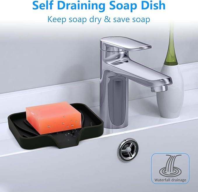 3-Pack Silicone Soap Dish, Sponge Holder for Sink, Kitchen Soap Tray, Bathroom Soap Holder, Sponge Tray with Drain (Black)-BrightBean Baby