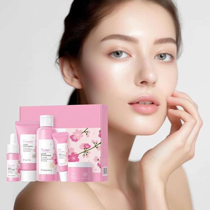 Greyghost Skin Care Set for Teenage Girls Women, 5 Pcs Cherry Blossom Skincare Set - Cleanser, Toner, Serum, Eye cream, Cream, Gentle Skin Cleaning & Care Gift Set, Travel Size Skin Care Set-BrightBean Baby