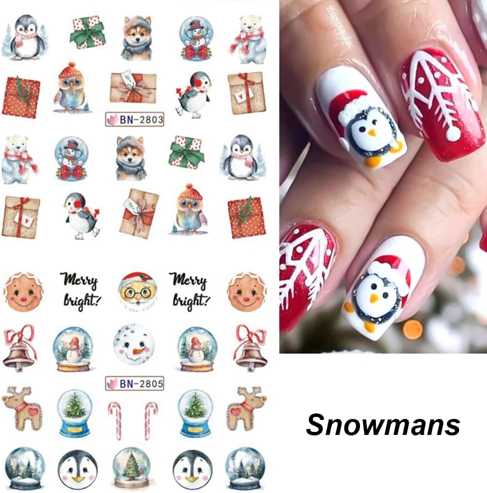 Christmas Nail Art Stickers Decals Snowflake Water Transfer Slider Nail Foils for Christmas Nail Art Supplies Cartoon Santa Claus Elk Gift Polar Bear Winter Design DIY Manicure Tips Stickers for Nails-BrightBean Baby