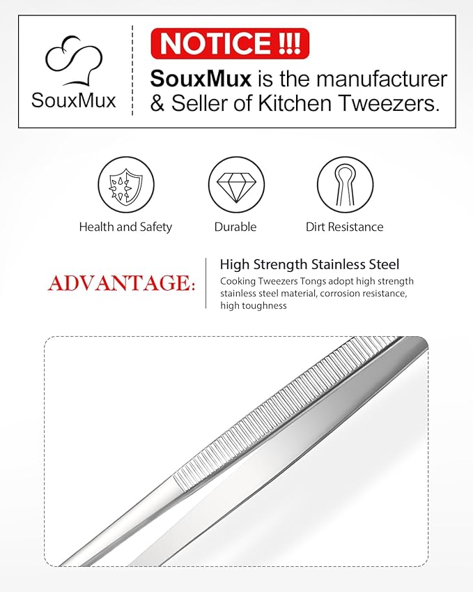 2 Pcs 12-inch Cooking Tweezers Tongs Precision Serrated Tips, Stainless Steel Professional Chef Tweezer Kitchen Tools for BBQ, Plating and Serving（Silver）