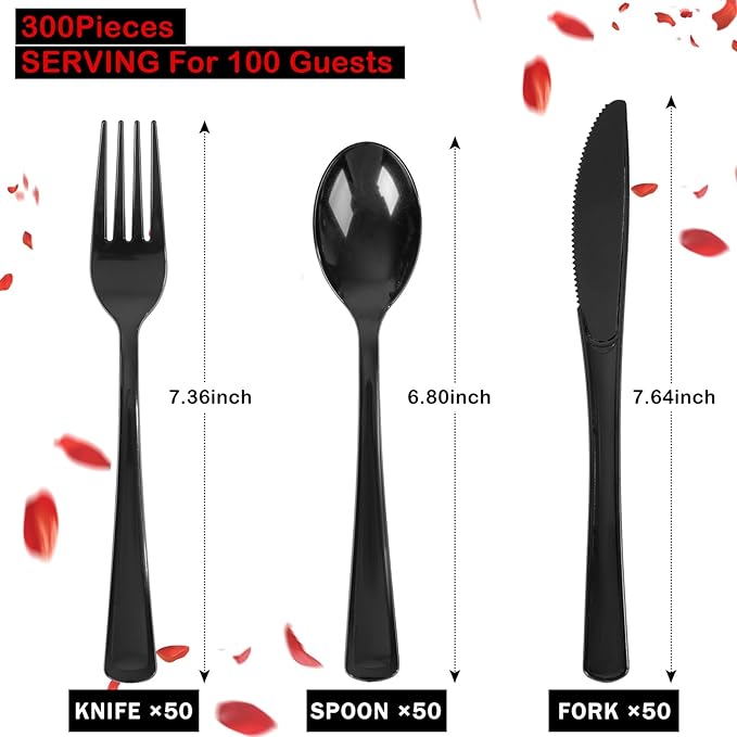 Supernal 300 Pieces Black Plastic Silverware Disposable Cutlery Black Disposable Silverware Heavy Duty Plastic Cutlery Set 100 Forks 100 Knives 100 Spoons for Wedding Party Supplies Everyday Use