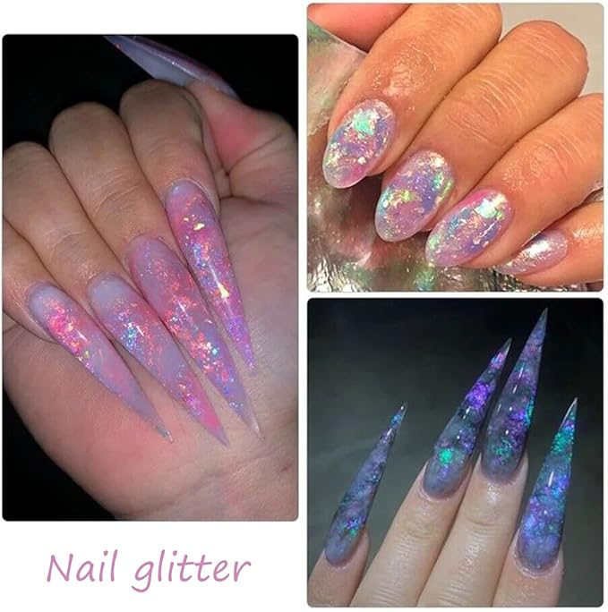 12 Colors Holographic Nail Art Glitter Sequins Aurora Holographic Mermaid Nail Glitter Flash Ice Residue Nail Glitter Sequin Chameleon Flakes Set Fluorescent Glass Paper for Face Body DIY Decoration-BrightBean Baby