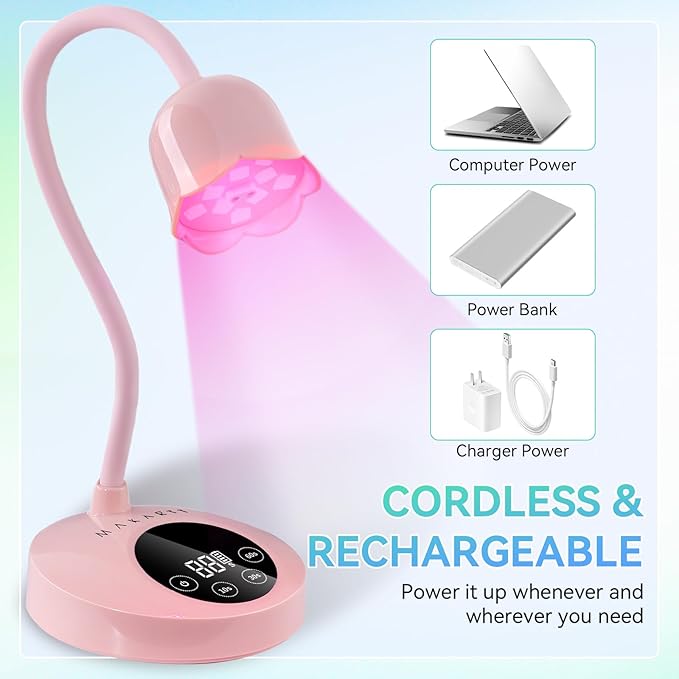 Makartt UV Nail Lamp: Flash Cure lamp UV Light for Gel Nails Polish Luminoza 30W Rechargeable LED Nail Dryer with 4 Timers & Auto Sensor Fast Curing Goosenecks Lamp for Home DIY Manicure (Pink)-BrightBean Baby