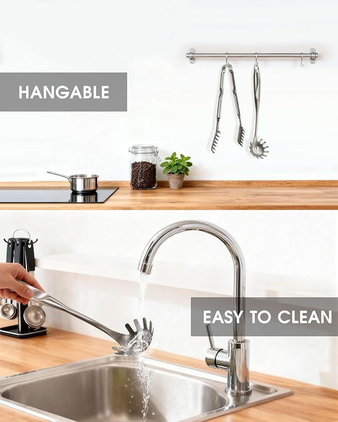 Spaghetti Spoon and Pasta Tong with Grip Teeth and Drain Holes, 2-Piece Large Spaghetti Utensil, Comfortable Grip Design for Cooking, Serving, Salad and Noodles, Stainless Steel