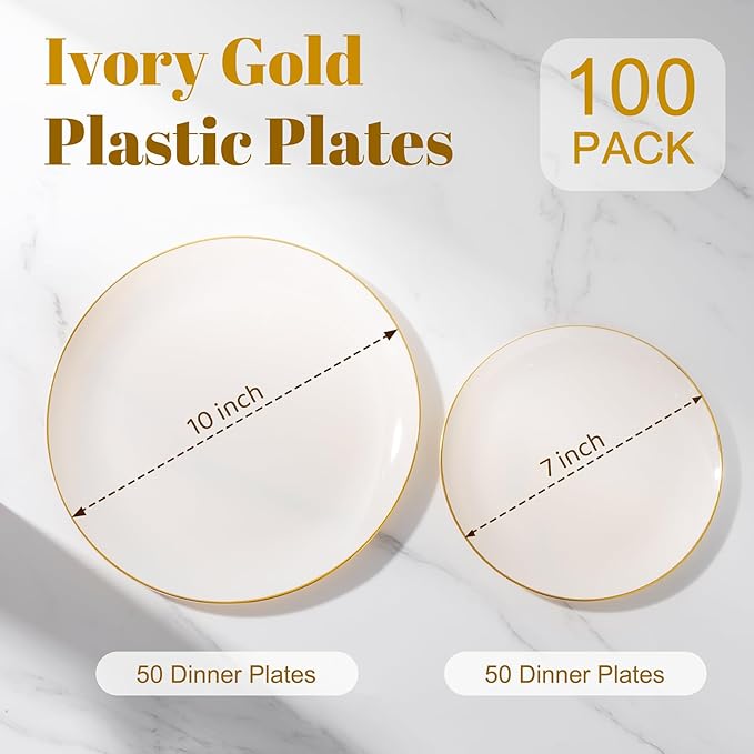 bUCLA 100PCS Ivory Plastic Plates with Gold Rim - Heavy Duty Cream Disposable Include 50 Dinner 10 inch & 50 Dessert 7 inch, for Party & Thanksgiving