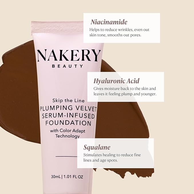 Nakery Full Coverage Plumping Liquid Foundation - Serum Infused Makeup with Niacinamide & Hyaluronic Acid for All Skin Types - Medium-BrightBean Baby