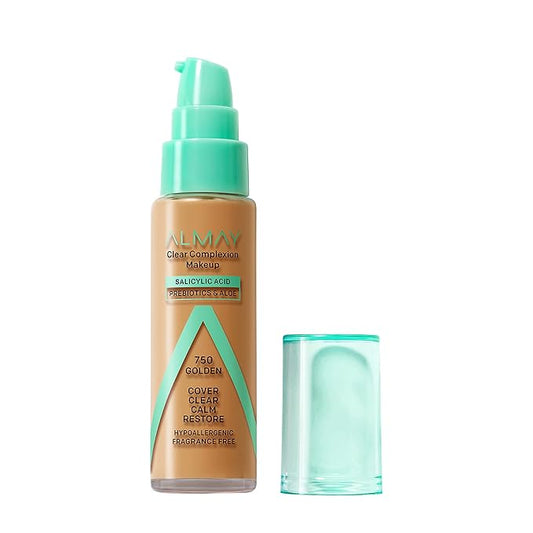 Almay Clear Complexion Acne Foundation Makeup with Salicylic Acid - Lightweight, Medium Coverage, Hypoallergenic, Fragrance-Free, for Sensitive Skin, 750 Golden, 1 fl oz.-BrightBean Baby