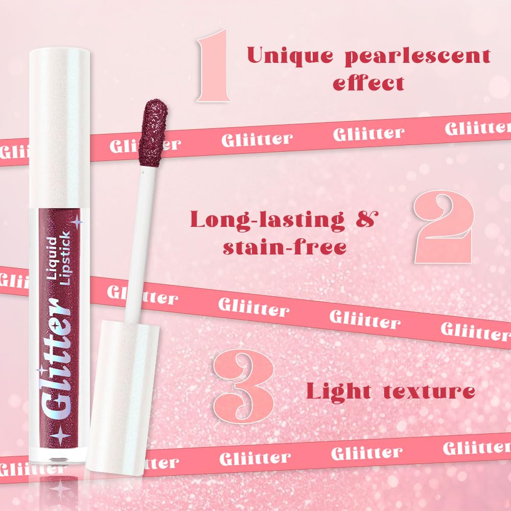 Plum Metallic Lipstick for Women,Lightweight Glitter Sparkling Liquid Lipsticks,Shimmer Lip Gloss Stain Long Lasting Waterproof Smudge Proof Non-Drying 24 Hour Full Coverage Lip Makeup,Vegan-BrightBean Baby