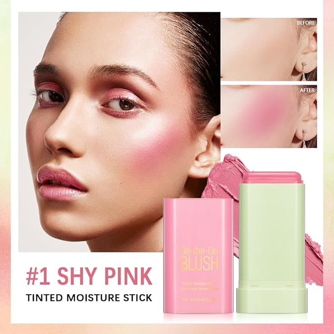 Multi-Use Cream Blush Stick,2-in-1 On-the-Go Blush for Cheek and Lip Tint,Waterproof Hydrating Tinted Solid Moisturizer Blendable Natural Grow Nude Face Blush Makeup,01 shy pink