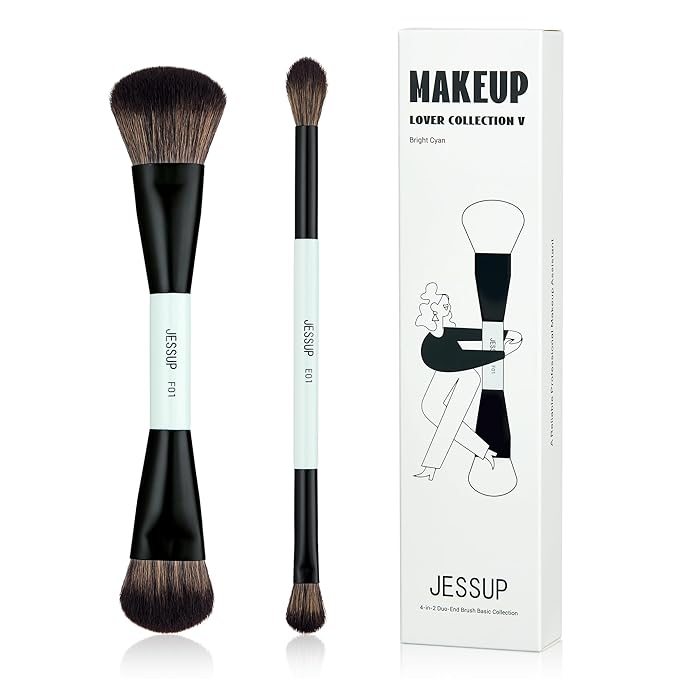 Jessup Makeup Brushes 2pcs Double Sided Foundation Brush Contour Brush Dual Ended Eye Blending Brush, Multi-functional Cosmetic Brush Bright Cyan T502-BrightBean Baby