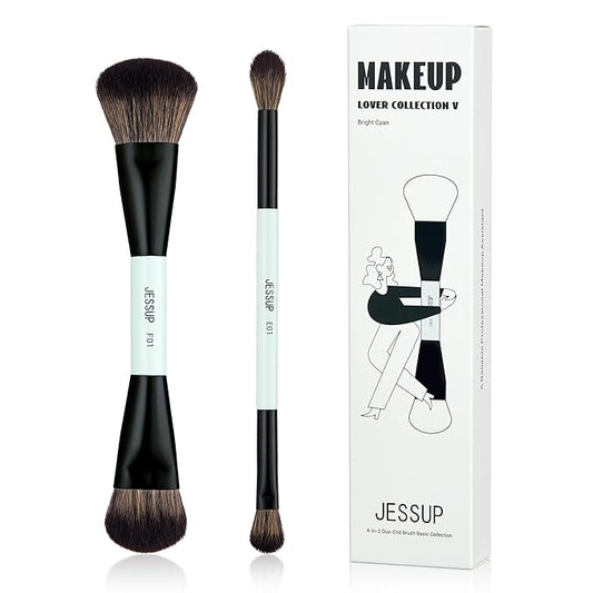 Jessup Makeup Brushes 2pcs Double Sided Foundation Brush Contour Brush Dual Ended Eye Blending Brush, Multi-functional Cosmetic Brush Bright Cyan T502-BrightBean Baby