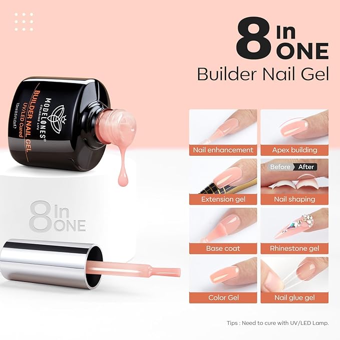 modelones Builder Nail Gel, 8-in-One Sheer Nude Pink Builder, Apricot Blush Pink Rubber Base for Nail Thickening Apex Building LED Lamp Cured Hard Strengthener Extend Color Gel Polish for DIY Salon-BrightBean Baby