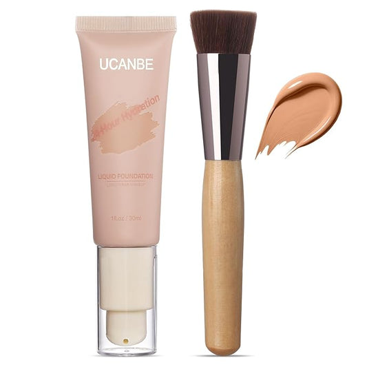 UCANBE Matte Liquid Foundation with Brush, Skincare Serum Foundation Face Makeup with Hyaluronic Acid, Medium to Full Coverage Waterproof Oil Control Longwear, for Mature Skin, Nude Beige, 1 fl. oz.-BrightBean Baby
