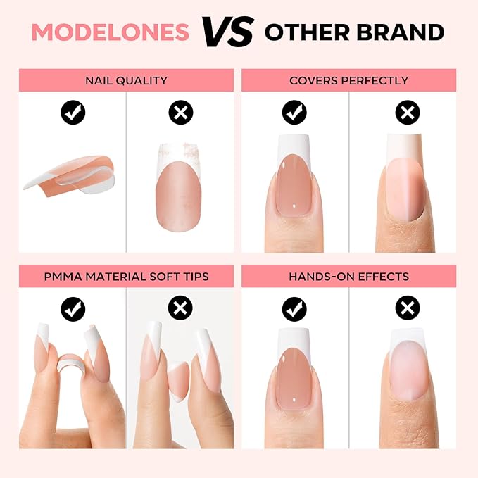 modelones French Tip Press on Nails, 150Pcs Long Square Fake Nails with Nail Box, Deep Nude Gel Nail Tips for Women, Soft Glue-On Nails for Natural Salon Look, DIY Nail Art Kit (15 Sizes)-BrightBean Baby