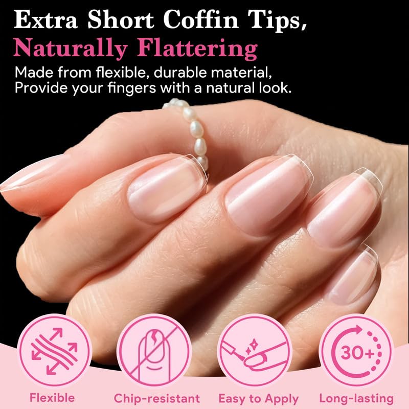 Extra Short Coffin False Nail Tips, 15 Sizes 510 PCS Clear Soft Press On Fake Nail Pre-shaped Half Matte Full Cover Gel Nail Tips Extensions Thick Long Lasting for DIY Beginners & Salon Manicure-BrightBean Baby