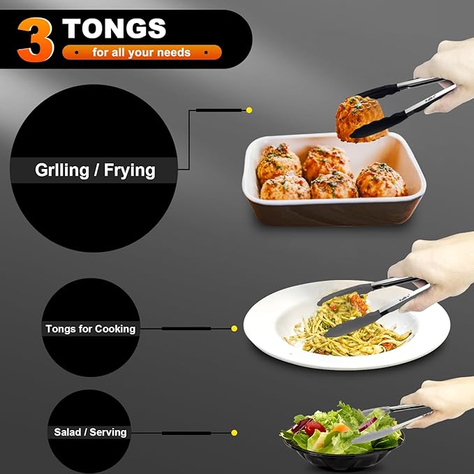 Walfos Small Silicone Tongs for Cooking- 7 inch Mini Kitchen Tongs with Silicone Tips, Great for Cooking, Turning, Serving, Food tongs Set of 3