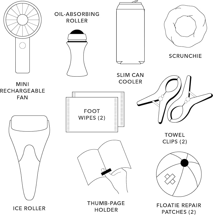 Pinch Provisions Super Summer Jelly Tote, 12 Beach & Poolside Accessories For Beauty, Perfect for Pool & Beach Days, Includes Oil Absorbing Roller, Rechargable Fan, Towel Clips, & Ice Roller-BrightBean Baby