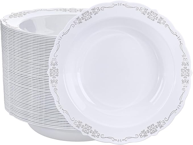 DaYammi 50 Pack Plastic Bowls with Silver Rim, 12oz Disposable Soup Bowls, Heavy Duty Dinner Bowls for Weddings, Parties, Dinners, Catering and Everyday Use
