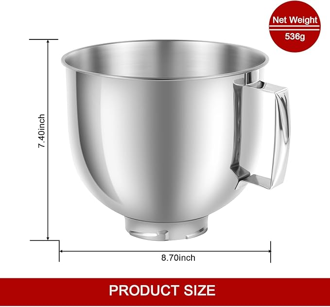 5 QT Stainless Steel Mixer Bowl Compatible with KitchenAid Artisan&Classic Series 4.5-5QT Tilt-Head Mixers K45 KSM70 KSM150 etc. Replacment for KitchenAid Mixer Bowl(Light Weight)
