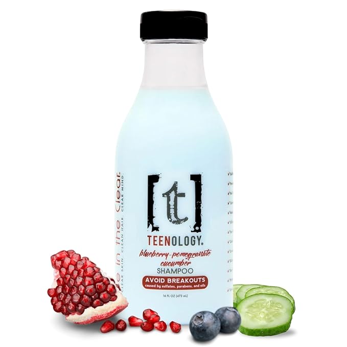 Teenology Shampoo for Teens - Avoid Forehead and Body Breakouts - No Sulfates or Parabens, Noncomedogenic, Natural Botanical Extracts, 16 oz. (Blueberry Pomegranate Cucumber)-BrightBean Baby