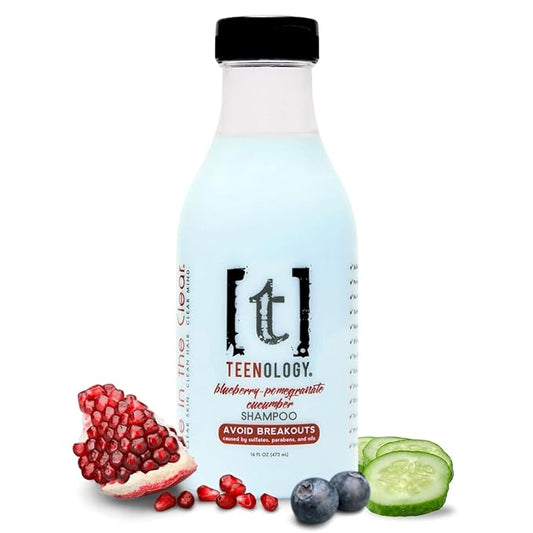 Teenology Shampoo for Teens - Avoid Forehead and Body Breakouts - No Sulfates or Parabens, Noncomedogenic, Natural Botanical Extracts, 16 oz. (Blueberry Pomegranate Cucumber)-BrightBean Baby