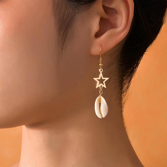 Boho Shell Drop Earrings Vintage Gold Star Shell Dangle Earrings Statement Cowrie Shell Hook Earrings Summer Beach Seashell Earrings Jewelry for Women-BrightBean Baby