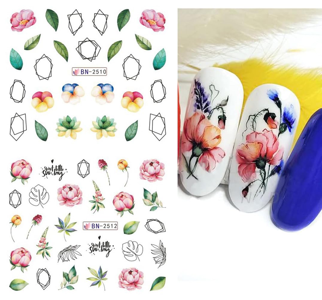 12 Sheets Flower Nail Water Transfer Decals, Nail Art Stickers for Women, Holographic Colorful Flower Leaf Patterns Nail Designs Supplies, Acrylic Nails Decorations DIY Resin Nail Decal Tattoos Set-BrightBean Baby