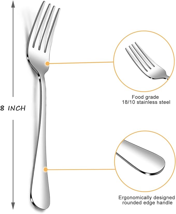 SANTUO Stainless Steel Dinner Forks Set - 16 Piece Top Food Grade Silverware Set with Round Handle, Mirror Finish & Dishwasher Safe - Silver 8 Inches