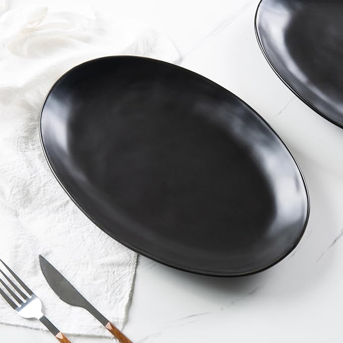 Porcelain Serving Platters, 12 Inch Large Serving Trays, Oval Serving Plates for Dessert Appetizers Meat/Entertaining/Party, Set of 3, Matte Black