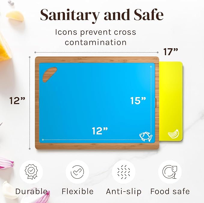 Bamboo Wood Cutting Board Set, Bamboo with 6 Color Coded Flexible Plastic Chopping Mats with Food Icons, Wooden Cutting Boards for Kitchen, Wooden Chopping Board Set Non Toxic Dishwasher Safe