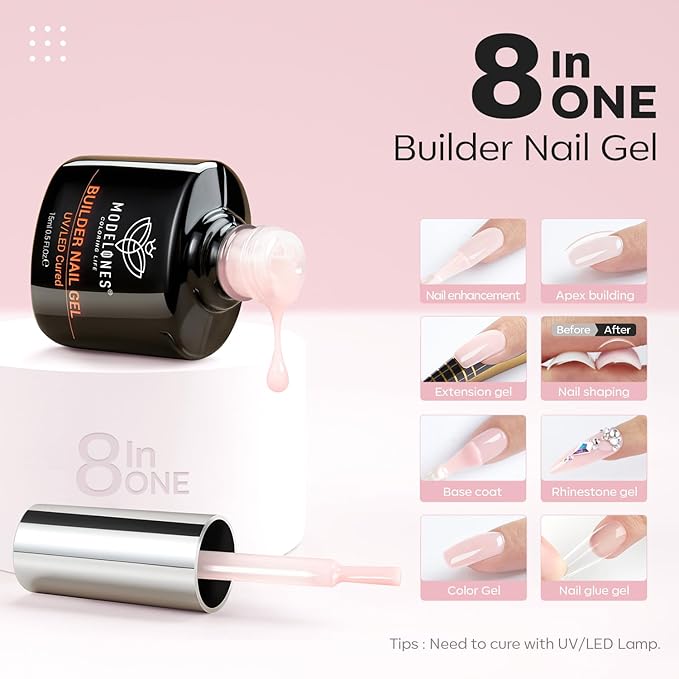modelones Builder Nail Gel, 8-in-One Cover Nude Builder, LED Lamp Cured Thickening Apex Building Strengthener Extension Rubber Color Base Gel Polish Glue in a Bottle for Home DIY Salon Girls-BrightBean Baby