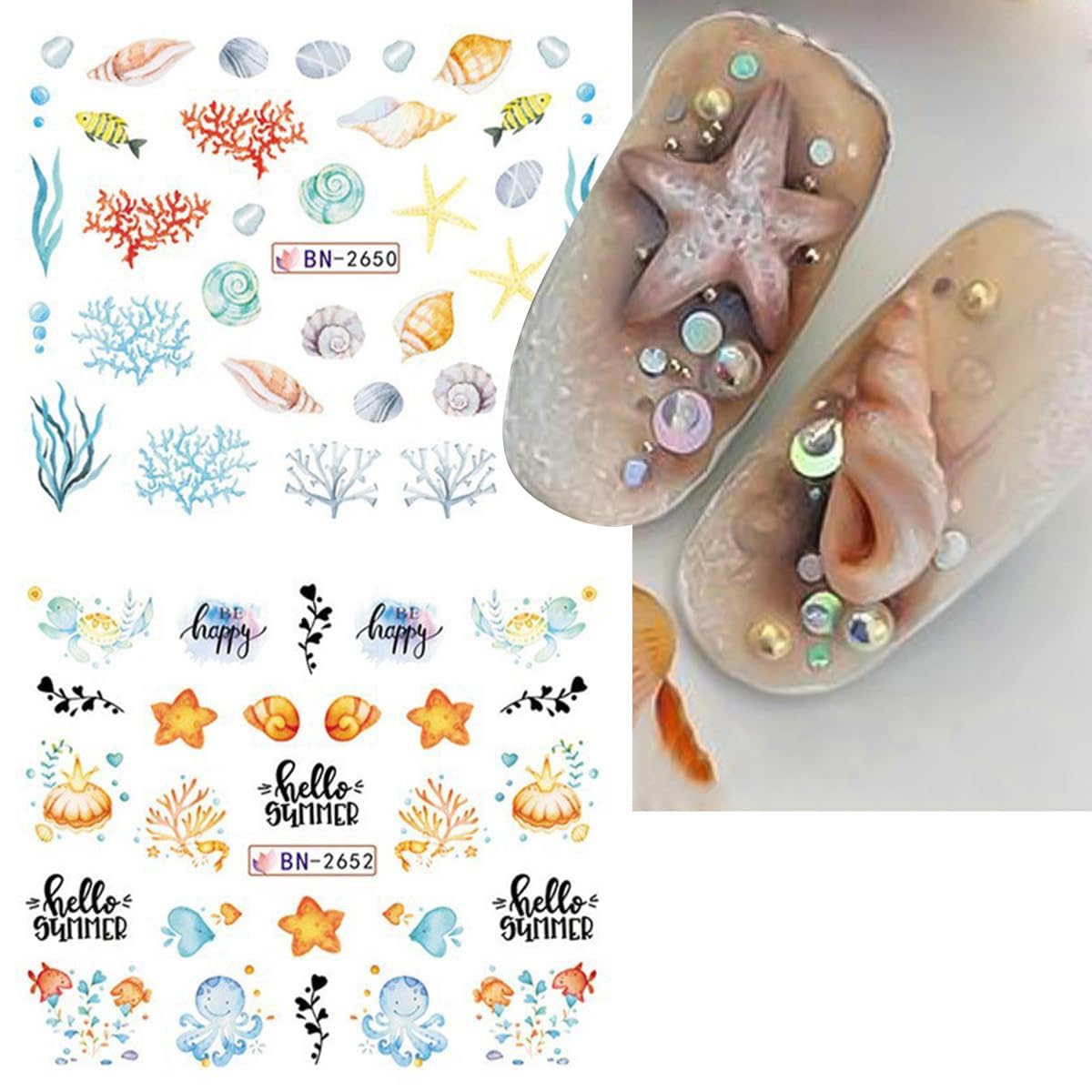Summer Nail Art Stickers 12 Sheets Seashell Starfish Water Transfer Foils Decals Jellyfish Shells Sea Turtles Seahorses Design Acrylic Ocean Theme Supplies for Women DIY Decor-BrightBean Baby