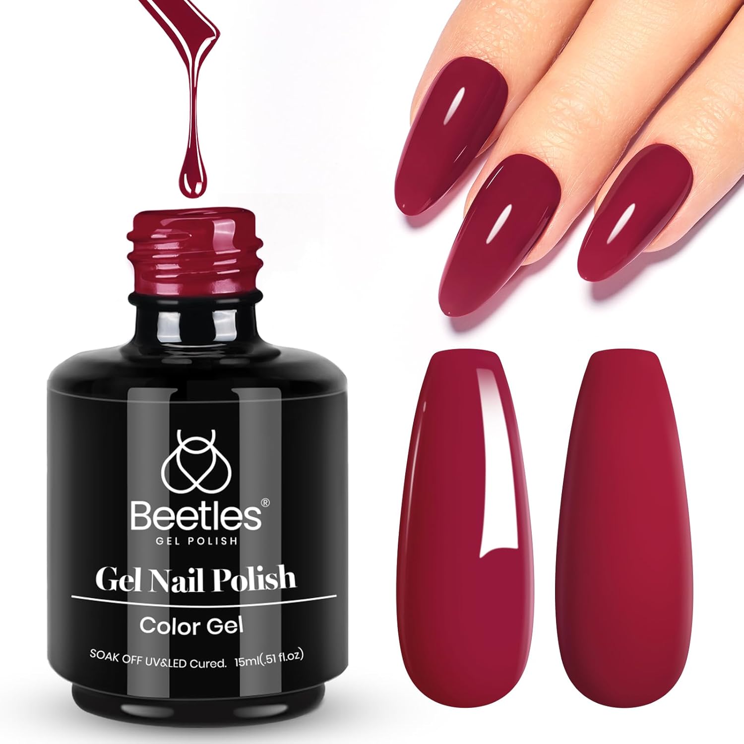 Beetles Red Gel Nail Polish, 1 Pcs 15ml Wine Red Burgundy Soak Off Gel Polish Nail Art Manicure Salon DIY Fall Design Decoration Home Uv Nail Lamp Needed-BrightBean Baby