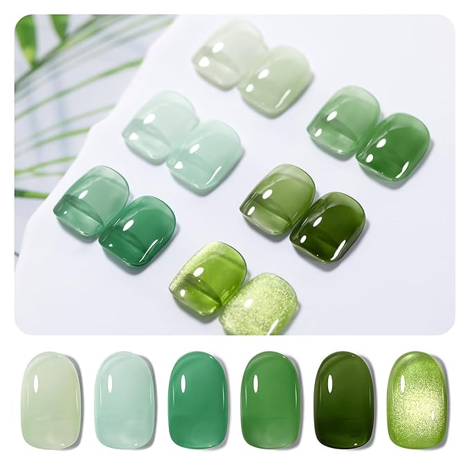 RARJSM Green Jelly Glass Gel Nail Polish Set 6pcs Clear Crytal Army Dark Jade Sage Green Transparent Sheer Amber Series Milky Diamond Cat Eye Gel Varnish LED UV Curing Requires-BrightBean Baby