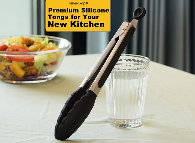 Serving Tongs 9-Inch Cooking Tongs with Silicone Tips, Set of 3 (Black)