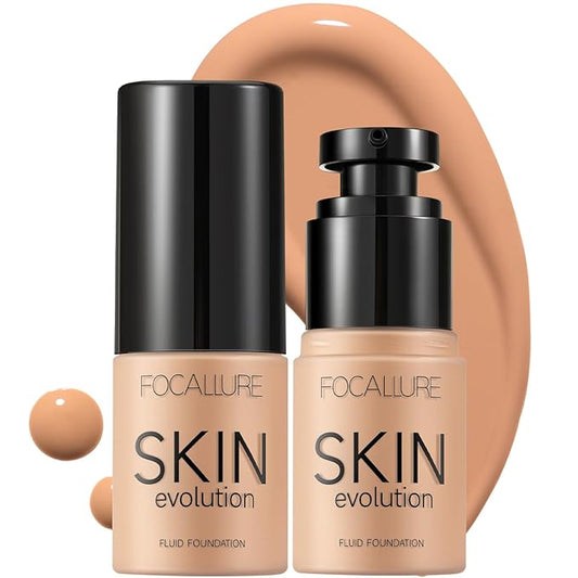 FOCALLURE 2 Pcs Liquid Foundation, Skin Evolution Foundation + Concealer, Full Coverage Foundation Makeup, Durable, Waterproof, Oil-Control, Hides Wrinkles & Lines, Natural Tan-BrightBean Baby