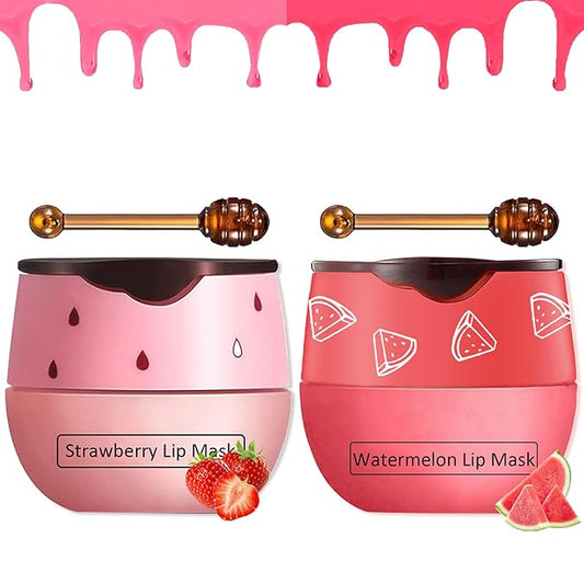 2 PCS Bee Balm Lip Balm Honey Pot,Strawberry&Watermelon Lip Sleeping Mask,Hydrating Prevention Dry and Cracked Lip Scrubs Exfoliator Lip Care,Moisturizing Lip Mask Overnight-BrightBean Baby