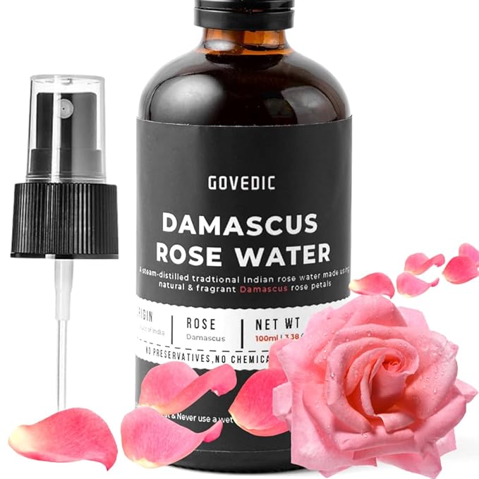 Govedic Rose Water Spray for Face Made with Damask Rose Petals, All-Natural Formula, No Dyes or Alcohol, Suitable for All Skin & Hair Types 100ml 3.38 Oz-BrightBean Baby