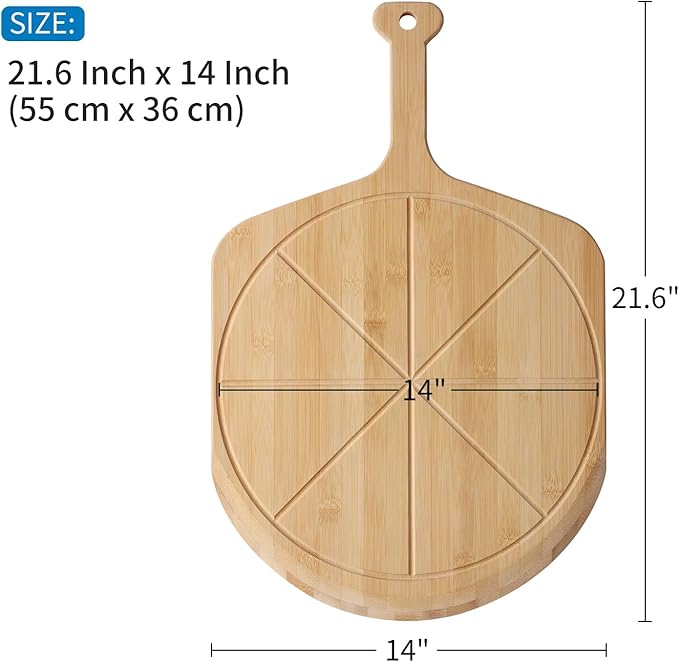 14” Bamboo Pizza Peel - Lightweight Smooth Wooden Pizza Paddle and Pizza Cutting Board with 8 Slice Grooves, Outdoor Pizza Oven Accessories, 21.6 Inch x 14 Inch